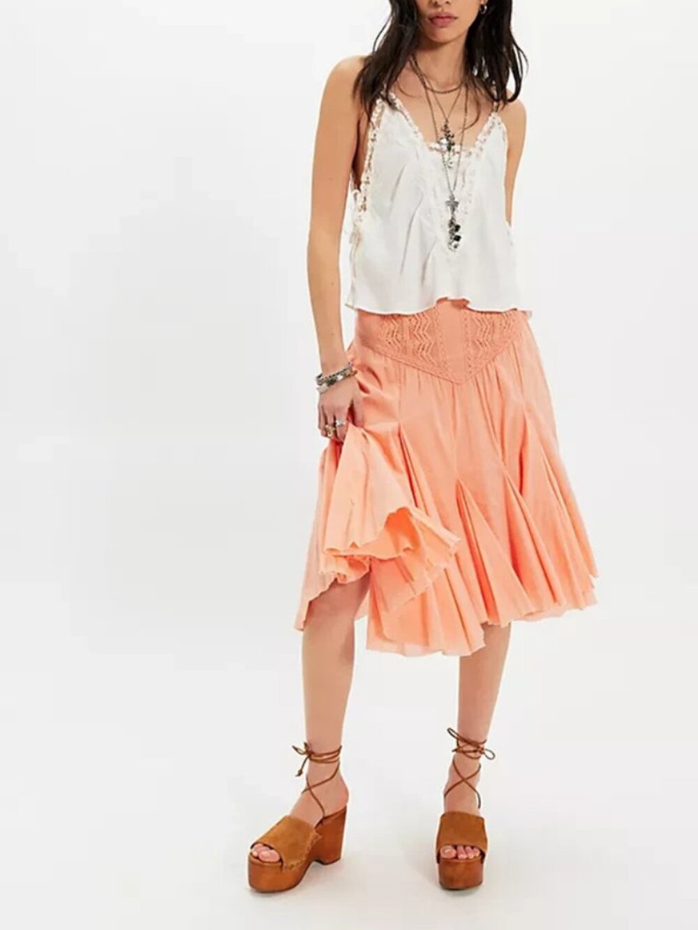 Free People FP One Frida Godet Midi Skirt Embroidered Pull-on High-rise XL